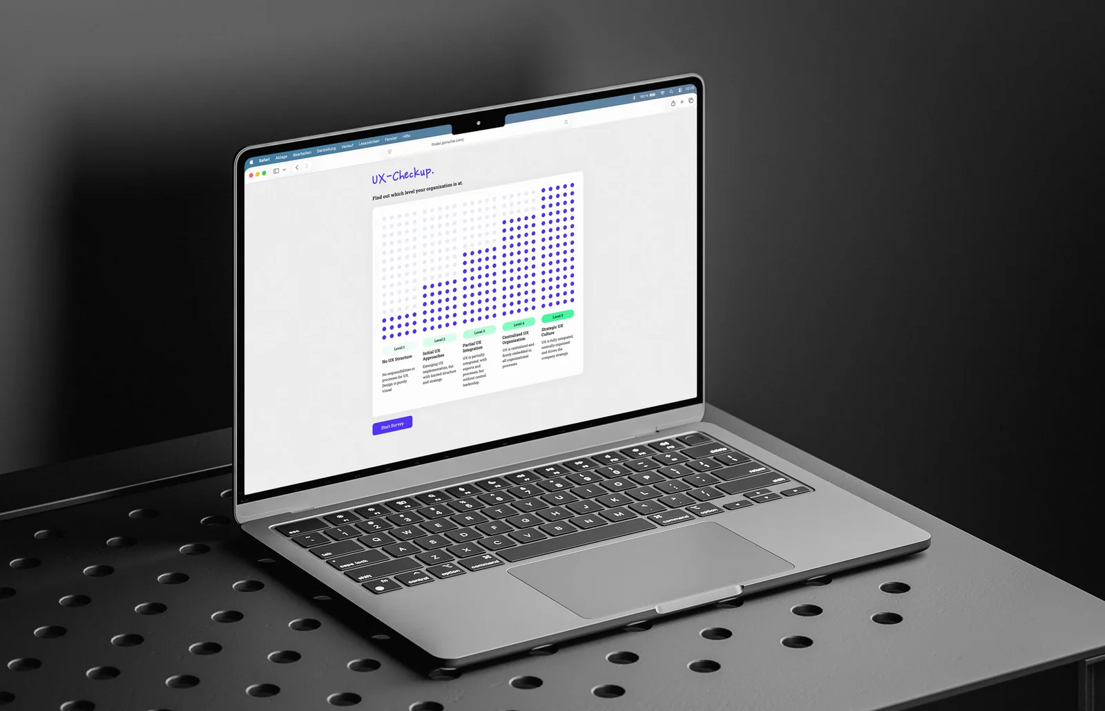 UX Maturity check tool running on a laptop